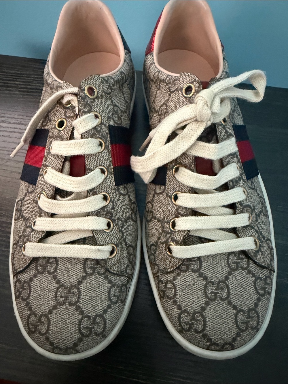 Gucci Beige GG Canvas Sneakers with Red & Blue Web